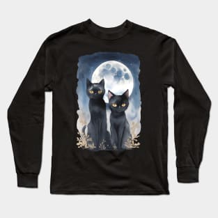 Mysterious black cats under full moon in dark atmosphere, watercolor style Long Sleeve T-Shirt